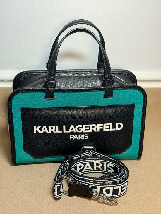 Karl Lagerfeld Handbags - Karl Lagerfeld Black & Teal Logo Satchel Bag